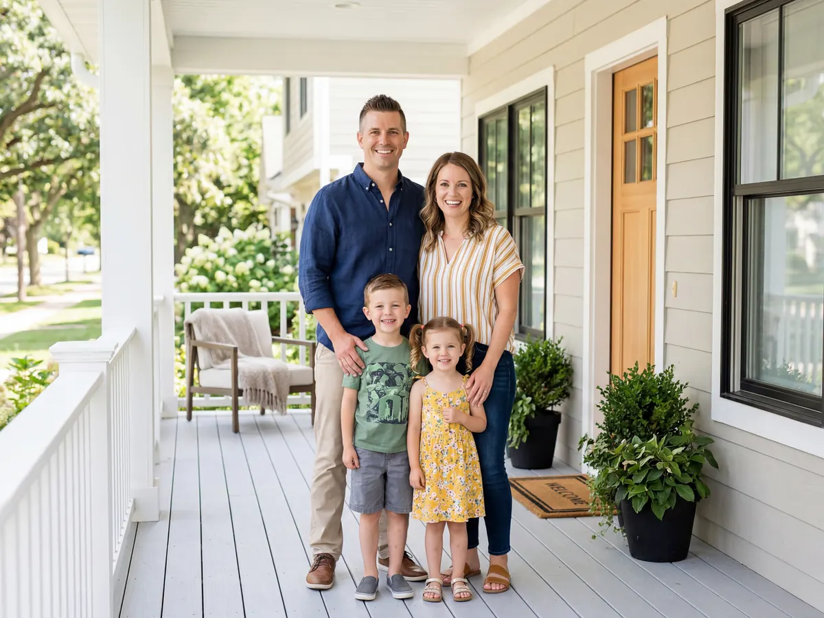 Two parents and two young children standing together on the front porch of a house.